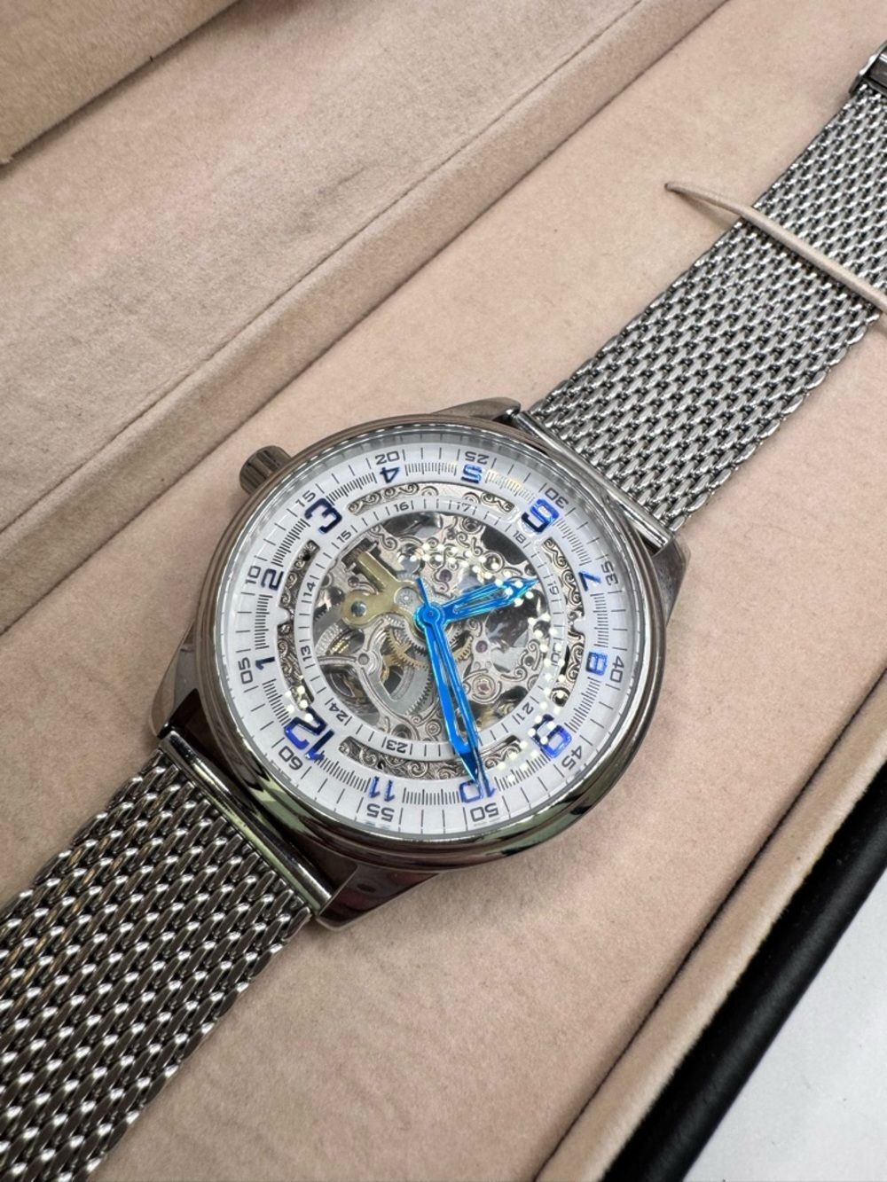 Akribos XXIV Men's Automatic Skeleton Watch Blue Hands Mesh Band New in Box